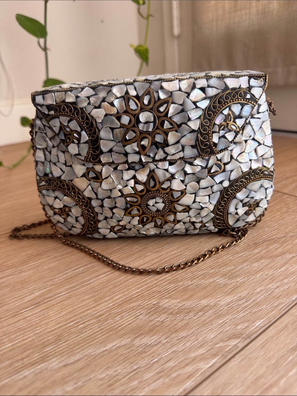 White Mosaic Shell Envelope Crossbody Bag with Brass Accents